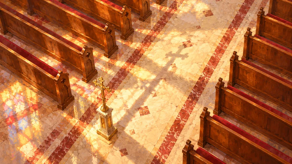 Nave da igreja vista de cima, bancos, luz do vitral no chão.